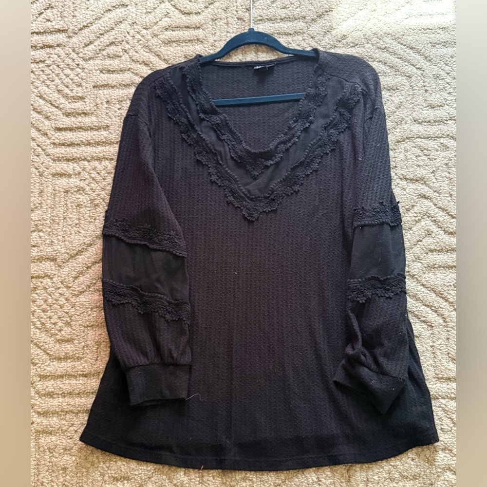 Torrid Waffle Knit Black Lace Trim Women's Top